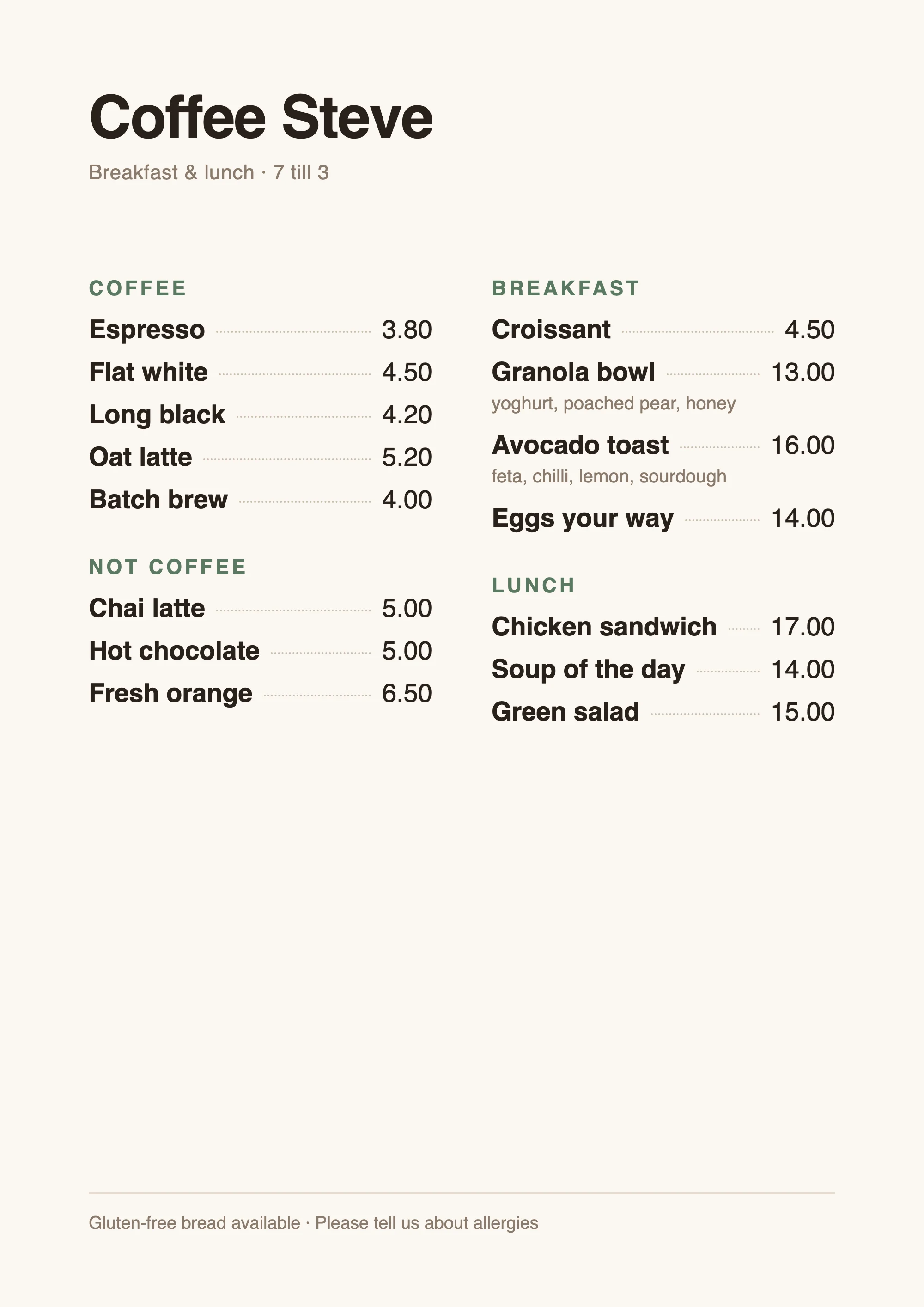A printed café menu